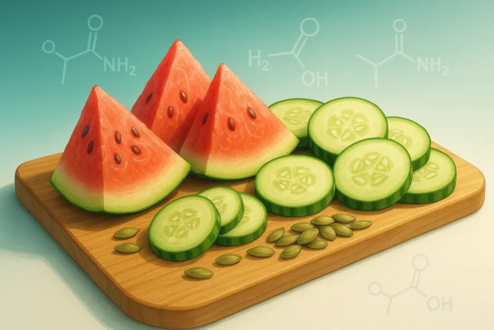 Fresh watermelon slices, cucumber rounds, and pumpkin seeds on a wooden board — natural food sources rich in L-citrulline for erectile dysfunction and nitric oxide production.