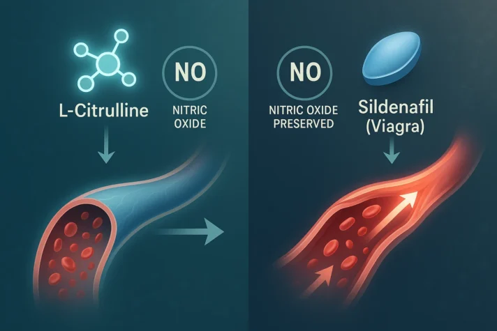 Comparison infographic showing how L-citrulline increases nitric oxide for better blood flow, while sildenafil (Viagra) preserves nitric oxide to enhance erectile function.”