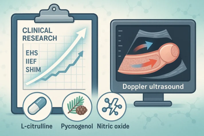 Clinical research infographic showing improved erectile function scores (EHS, IIEF, SHIM) with L-citrulline, Pycnogenol, and nitric oxide, alongside a Doppler ultrasound illustrating better penile blood flow.