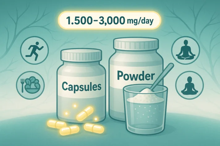 Infographic showing L-citrulline dosage of 1,500–3,000 mg per day with supplement options in capsules or powder form, supported by lifestyle icons for exercise, healthy diet, and stress management.”
