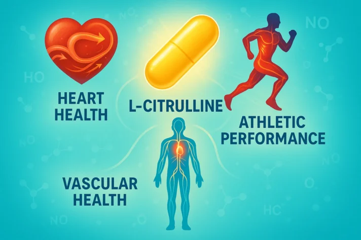 Infographic showing benefits of L-citrulline for erectile dysfunction and overall health, including heart health, vascular health, and athletic performance.