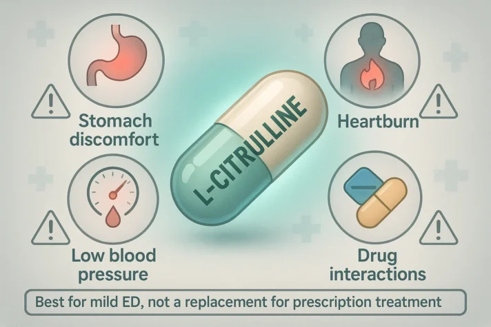 Infographic showing safety risks of L-citrulline for erectile dysfunction, including stomach discomfort, heartburn, low blood pressure, and drug interactions. Note: best for mild ED, not a replacement for prescription treatment.