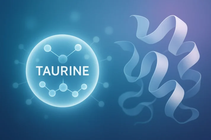 Scientific illustration of taurine molecule with glowing structure on the left and protein chain ribbon on the right, symbolizing taurine as an amino acid building block."