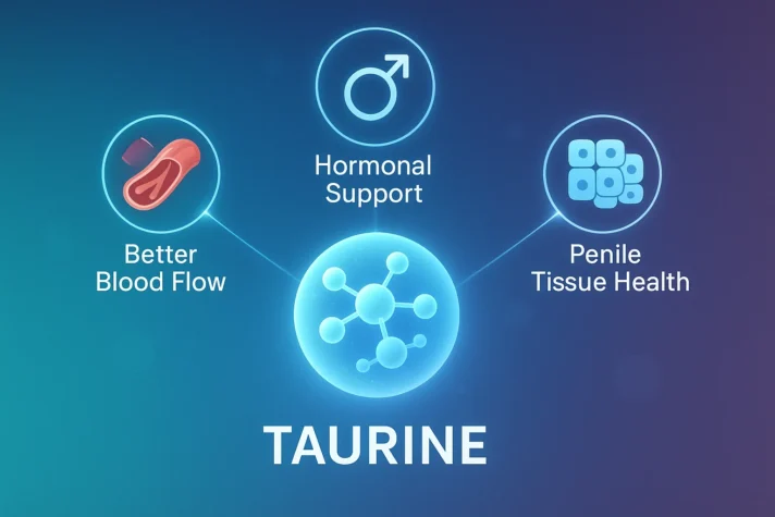 "Infographic showing taurine benefits for erectile function with three icons: improved blood flow, hormonal support, and penile tissue health."