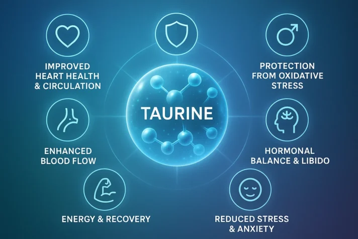 "Infographic showing taurine benefits for sexual health including improved heart health, enhanced blood flow, protection from oxidative stress, hormonal balance, energy, and reduced stress."