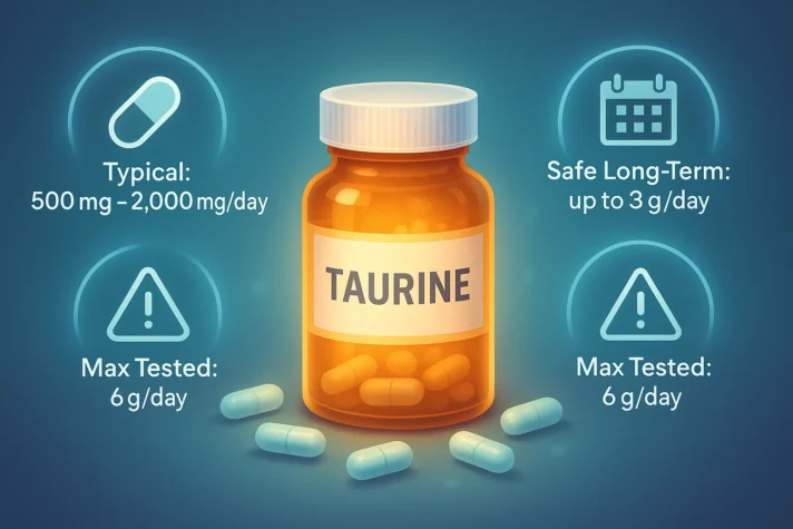 Infographic of taurine supplement dosage showing typical 500–2000 mg per day, safe long-term use up to 3 grams, and maximum tested dose of 6 grams daily.