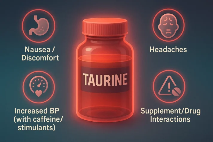 "Infographic of taurine side effects showing nausea, headaches, increased blood pressure with caffeine, and supplement or drug interactions."