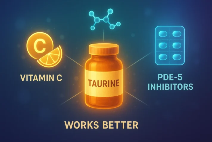 "Infographic showing taurine supplement bottle with combination therapy benefits, highlighting synergy with vitamin C and PDE-5 inhibitors for better erectile function."