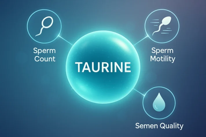 Infographic showing taurine’s impact on male reproductive health with three benefits: increased sperm count, improved sperm motility, and better semen quality."