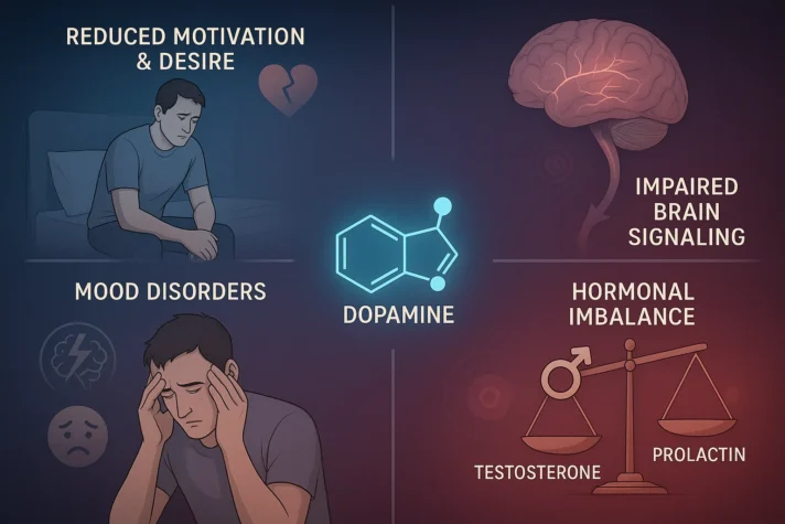 Infographic showing how low dopamine affects sexual health and erectile dysfunction: reduced motivation and desire, mood disorders, impaired brain signaling, and hormonal imbalance between testosterone and prolactin.