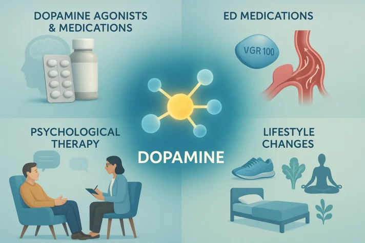 Infographic showing dopamine treatments for erectile dysfunction: dopamine agonist medications, ED pills, psychological therapy, and lifestyle changes like exercise, meditation, sleep, and diet.