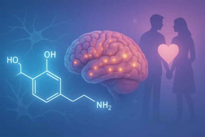 Illustration showing the role of dopamine in love and relationships — a glowing brain with highlighted neural pathways, dopamine chemical structure on the left, and a couple holding hands with a heart symbol on the right, symbolizing dopamine’s link to sexual health and bonding.