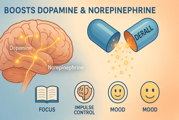 Adderall and Erectile Dysfunction: Link between and Side Effects on Sexual Health 2 Infographic showing how Adderall boosts dopamine and norepinephrine. Illustration includes a brain with highlighted pathways for dopamine and norepinephrine, a capsule releasing glowing particles, and icons representing focus (open book), impulse control (brain with shield), and mood (smiley faces).