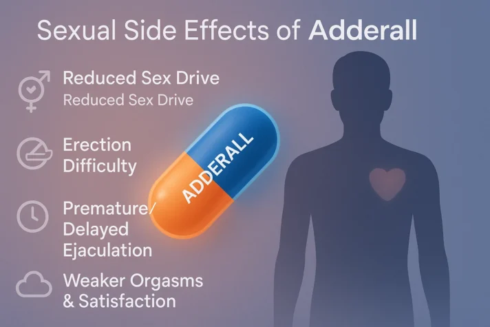 Adderall and Erectile Dysfunction: Link between and Side Effects on Sexual Health 4 Infographic titled “Sexual Side Effects of Adderall” showing a glowing Adderall capsule next to a male silhouette. Listed effects include reduced sex drive, erection difficulty, premature or delayed ejaculation, and weaker orgasms and satisfaction.