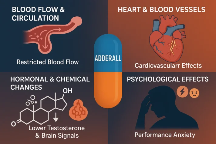Adderall and Erectile Dysfunction: Link between and Side Effects on Sexual Health 3 Infographic showing how Adderall can cause erectile dysfunction. Four factors are illustrated: restricted blood flow and circulation, heart and blood vessel cardiovascular effects, hormonal and chemical changes lowering testosterone and brain signals, and psychological effects such as performance anxiety.