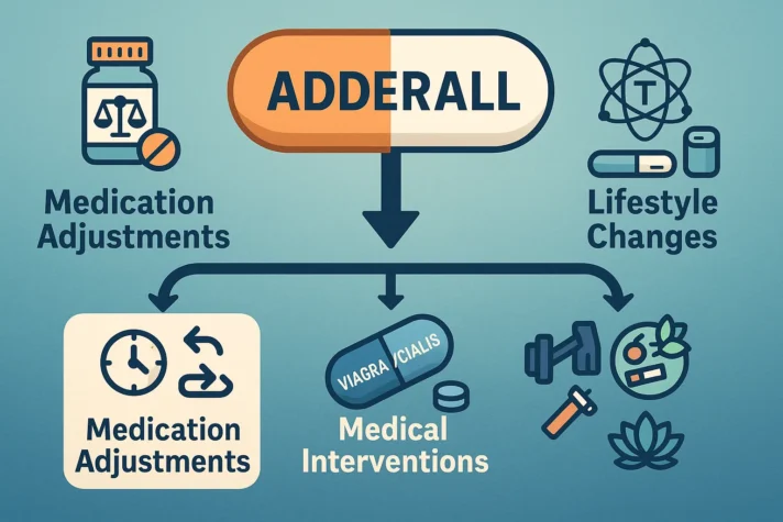 Adderall and Erectile Dysfunction: Link between and Side Effects on Sexual Health 5 Infographic on managing Adderall-related erectile dysfunction. Central Adderall capsule points to three solutions: medication adjustments (dose, switch, timing), medical interventions (Viagra, Cialis, hormone therapy), and lifestyle changes (exercise, healthy diet, quitting smoking, stress management).