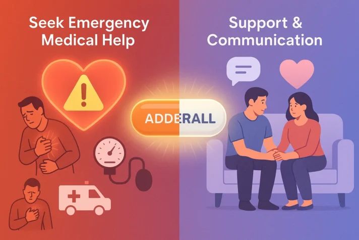 Adderall and Erectile Dysfunction: Link between and Side Effects on Sexual Health 6 Infographic on Adderall use showing two sides: left with heart warning symbols for seeking emergency medical help in case of chest pain or blood pressure issues, and right with a couple sitting together to highlight support, communication, and relationship care.