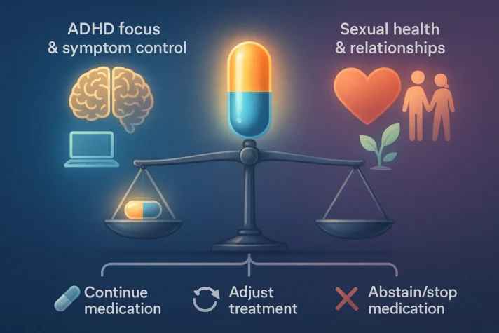 Adderall and Erectile Dysfunction: Link between and Side Effects on Sexual Health 7 Infographic showing long-term considerations for Adderall use. A glowing Adderall capsule balances on a scale between ADHD focus & symptom control (brain and laptop icons) and sexual health & relationships (heart, couple, and plant icons). Bottom shows three options: continue medication, adjust treatment, or abstain/stop medication.