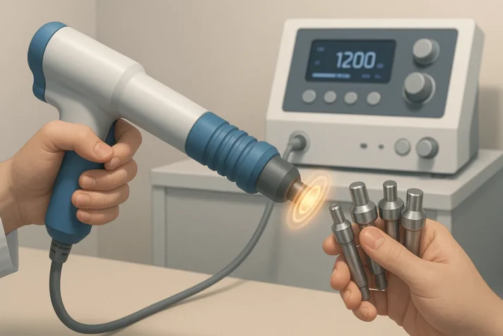 The image depicts a person holding a handpiece of a medical device, which appears to be part of a shockwave therapy machine. The device is used in various treatments, likely including those for erectile dysfunction (ED), where shockwave therapy is employed to improve blood flow to the affected area. The image shows several interchangeable metal tips for the handpiece, with one in use, emitting a soft glowing effect indicating treatment. The background includes a control panel with a digital display set at "1200"—possibly representing intensity or time settings.