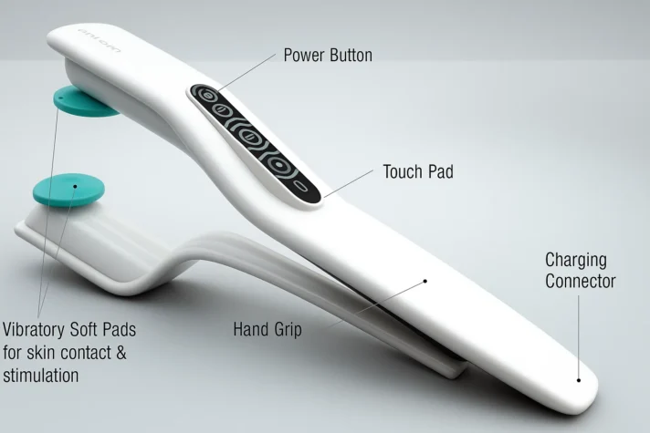The image showcases a sleek, modern device designed for stimulation and therapy. It is labeled with key components, including a Power Button, Touch Pad for controlling settings, Vibratory Soft Pads for skin contact and stimulation, Hand Grip for comfortable handling, and a Charging Connector for recharging the device. The design emphasizes comfort and ease of use, likely targeting personal health or wellness, possibly for sexual health therapy.