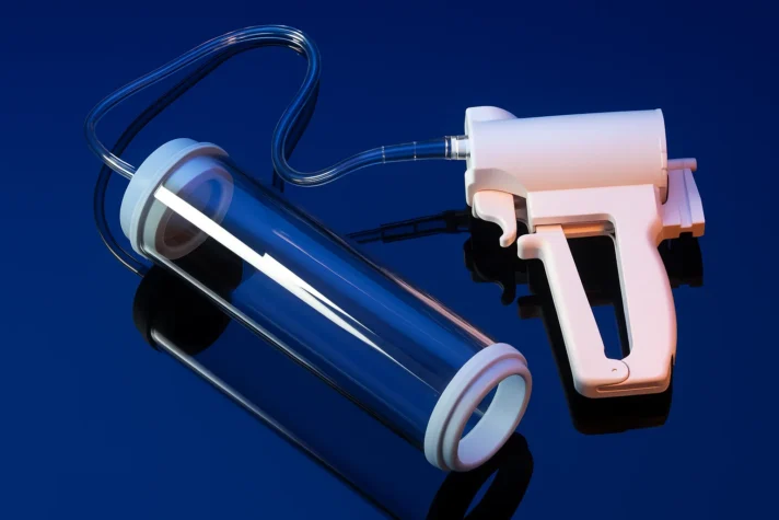 The image shows a vacuum erection device (VED), a tool commonly used to treat erectile dysfunction. The device consists of a transparent cylindrical tube connected to a pump. The pump creates suction within the tube, drawing blood into the penis to facilitate an erection. This device helps men with ED by improving blood flow, allowing them to achieve and maintain an erection without the need for medication or invasive procedures.