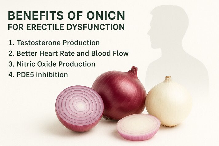 Onions and Erectile Dysfunction: Benefits and Effects on Sexual Health 2 Medical infographic showing fresh onions and a male silhouette with listed benefits — testosterone production, better heart rate and blood flow, nitric oxide production, and PDE5 inhibition — answering is onion good for erectile dysfunction.