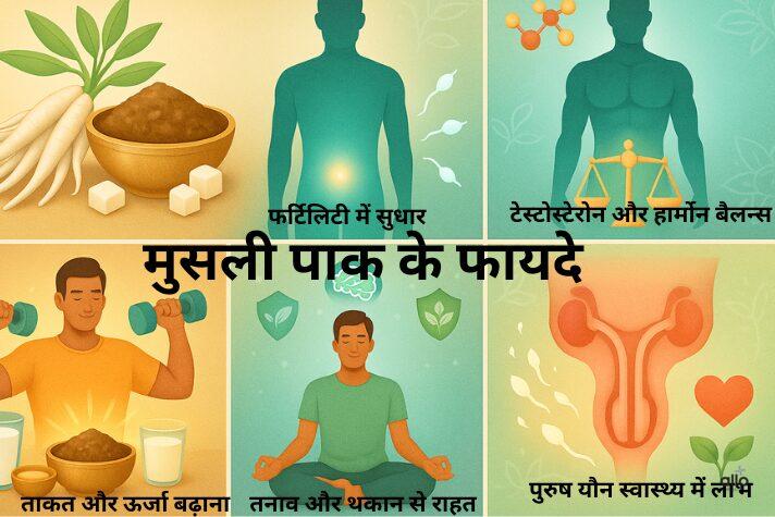 मूसली पाक: पुरुषों के लिए फायदे, इस्तेमाल और संभावित साइड इफेक्ट्स 2 आयुर्वेदिक 6-पैनल इन्फोग्राफिक जिसमें musli pak ke fayde दिखाए गए हैं – ताकत, यौन स्वास्थ्य, टेस्टोस्टेरोन बैलेंस, ऊर्जा, तनाव से राहत और फर्टिलिटी सुधार।