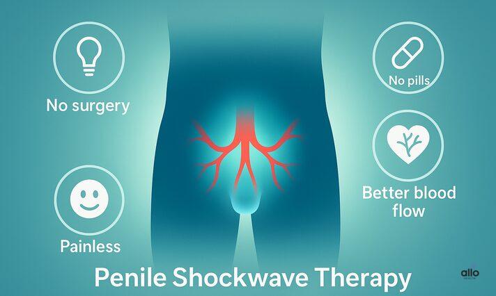 Medical infographic of penile shockwave therapy benefits showing male pelvis silhouette with glowing arteries and circular icons highlighting advantages: no surgery, no pills, better blood flow, and painless treatment.