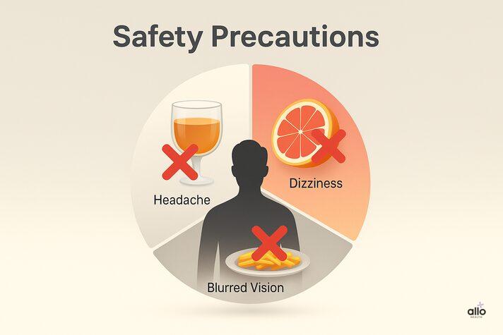 “Infographic pie chart showing sildenafil oral jelly safety precautions – sharab se bachiye, grapefruit avoid karein, heavy oily khana kam karein.”