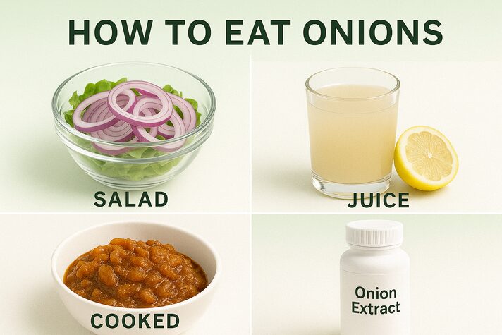 Onions and Erectile Dysfunction: Benefits and Effects on Sexual Health 3 Lifestyle infographic with four panels showing different ways to eat onions — salad, juice with lemon, cooked curry, and onion extract supplement — answering is onion good for erectile dysfunction.