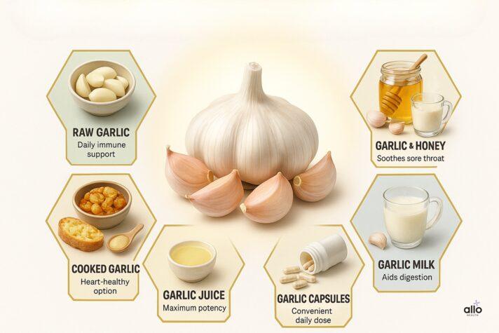 Infographic showing six ways to consume garlic including raw cloves, honey, milk, juice, cooked food, and supplements with is garlic good for erectile dysfunction