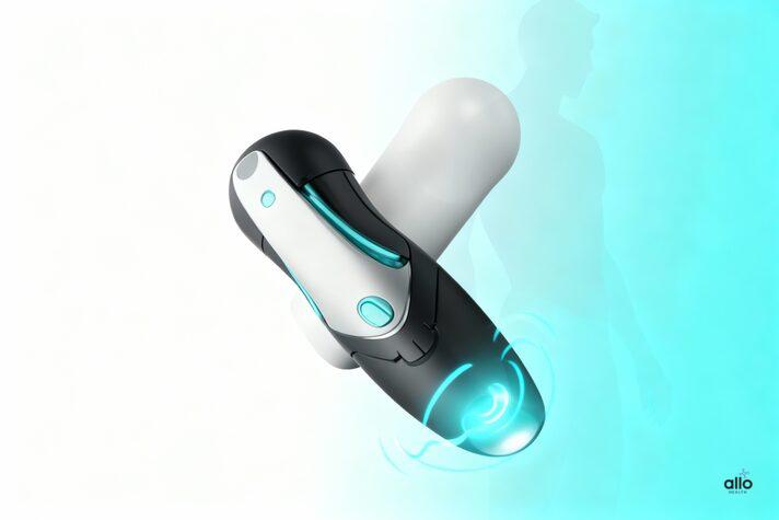 Sex Toys and Erectile Dysfunction: Can They Help Improve Performance? 5 Male vibrator device with glowing wave lines and subtle male silhouette, showing how vibrators are used as sex toys for erectile dysfunction to improve arousal and nerve response.