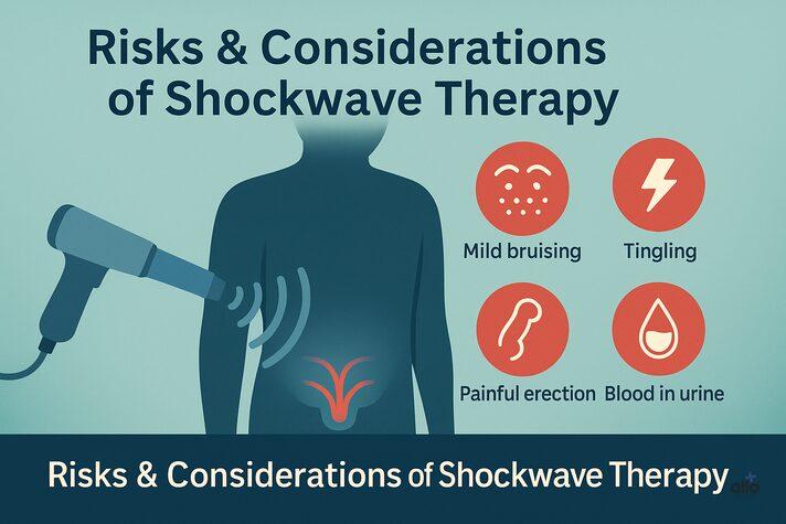 Medical infographic of penile shockwave therapy risks and considerations showing pelvic silhouette with handheld device and red caution icons for mild bruising, tingling, painful erection, and blood in urine