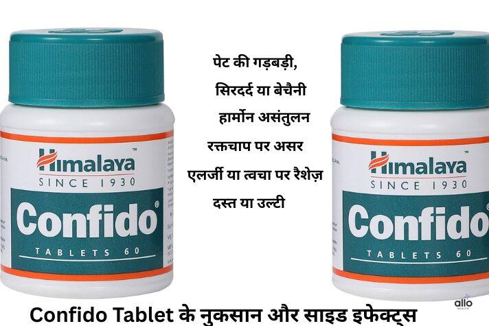 Confido tablet uses in hindi के साथ संभावित नुकसान – जैसे चक्कर आना, एलर्जी, पेट की समस्या और त्वचा पर जलन – को दर्शाता शैक्षिक चित्र।