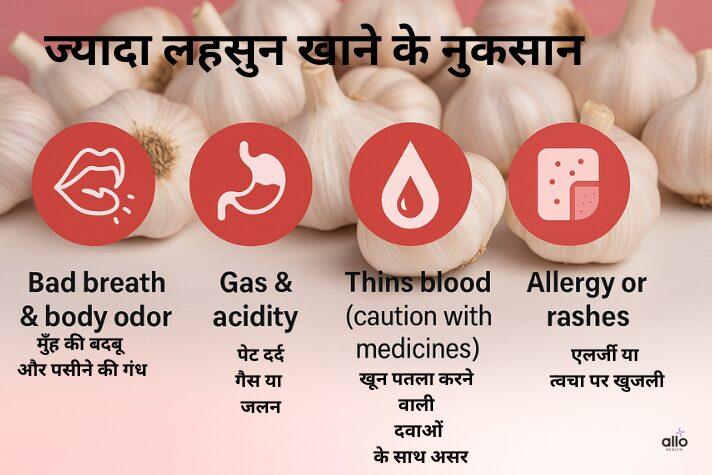 lahsun khane se ling ke fayde – लहसुन की कलियों के साथ बैकग्राउंड में चार चेतावनी आइकन: बदबू, एसिडिटी, खून पतला होना और एलर्जी।