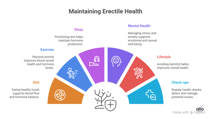 vertical step infographic with six steps to maintain healthy erections and reduce erectile dysfunction age 75 risk, from healthy eating to regular check-ups.