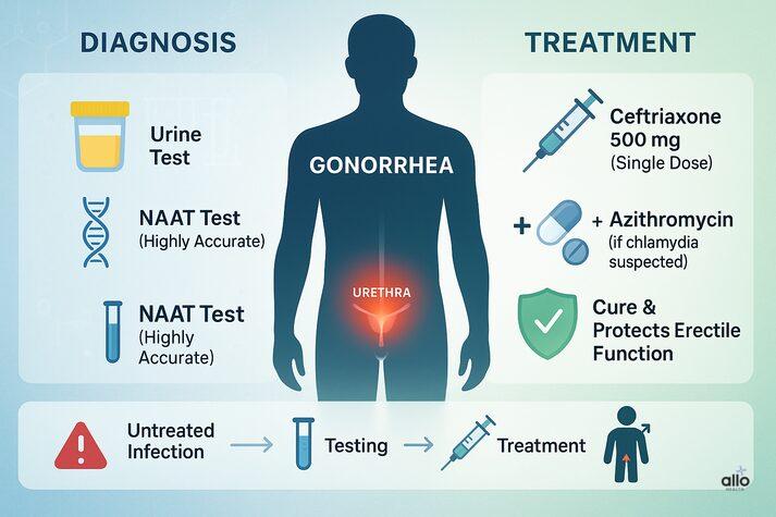 Infographic showing gonorrhea diagnosis and treatment steps — urine test, NAAT test, ceftriaxone 500 mg single dose, and azithromycin for chlamydia — highlighting early testing and cure benefits.