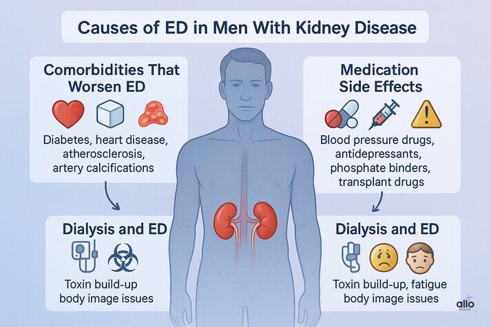Infographic comparing causes of erectile dysfunction in men with kidney disease. Left section shows comorbidities like diabetes, heart disease, and atherosclerosis. Right section shows medication side effects and dialysis-related factors like toxin buildup, fatigue, and body image issues.