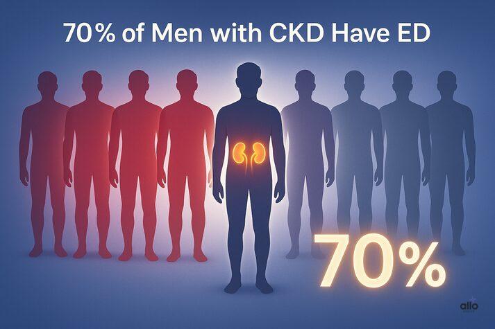 Illustration showing silhouettes of men, with one highlighted in the center representing kidney disease. Text reads “70% of men with CKD have ED.” Symbolic kidney icons glow on the figure’s lower back, emphasizing the link between chronic kidney disease and erectile dysfunction.
