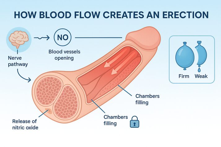 Blood Flow and Erectile Dysfunction: How Circulation Affects Performance 1 Educational illustration showing the role of nitric oxide and blood vessel opening in erections — nerve pathways, chambers filling, and comparison of firm versus weak erection in erectile dysfunction.