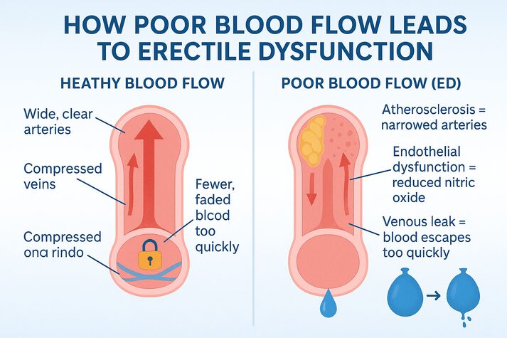 Blood Flow and Erectile Dysfunction: How Circulation Affects Performance 2 Diagram comparing healthy blood flow versus poor blood flow in erectile dysfunction — narrowed arteries, reduced nitric oxide, and venous leak shown with clear medical illustrations.