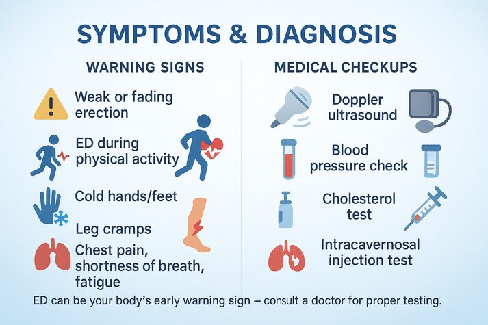 Blood Flow and Erectile Dysfunction: How Circulation Affects Performance 3 Visual guide explaining early warning signs and medical tests for erectile dysfunction related to blood flow problems, including Doppler scan, blood pressure check, and intracavernosal injection test.