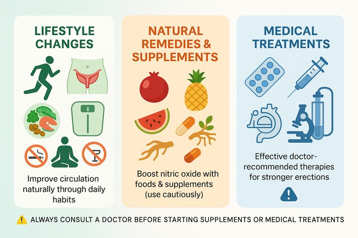 Blood Flow and Erectile Dysfunction: How Circulation Affects Performance 5 Infographic showing three approaches to improve blood flow for erectile dysfunction: lifestyle changes, natural foods and supplements, and doctor-recommended medical treatments.