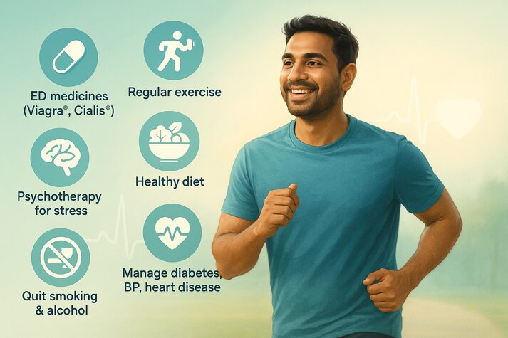 Man jogging outdoors after recovery from gonorrhea-related erectile dysfunction, with circular icons for ED medicines, regular exercise, healthy diet, psychotherapy, quitting smoking, and managing health conditions