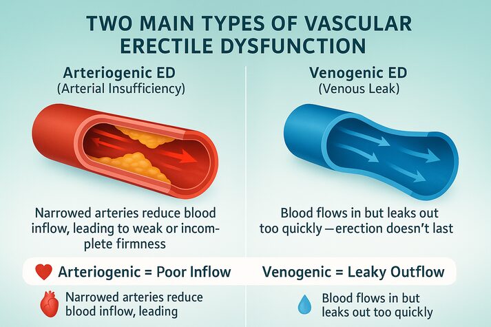 Understanding Vascular Erectile Dysfunction: Causes and Treatments 1 “Diagram comparing arteriogenic erectile dysfunction caused by poor blood inflow and venogenic erectile dysfunction caused by leaky outflow of blood.”