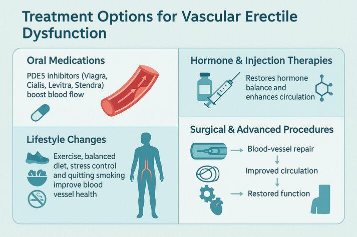 Understanding Vascular Erectile Dysfunction: Causes and Treatments 5 “Visual guide showing treatment options for vascular erectile dysfunction, including oral medications, hormone therapy, lifestyle changes, and surgical procedures.”