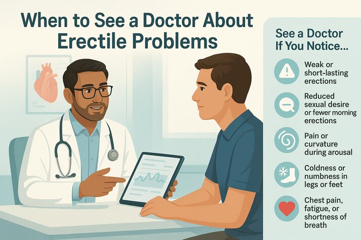 Understanding Vascular Erectile Dysfunction: Causes and Treatments 6 “Illustration of a doctor consulting a patient about erectile problems, with signs such as weak erections, reduced sexual desire, and circulation issues.”