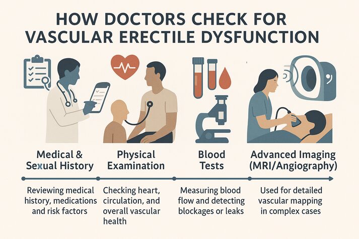 Understanding Vascular Erectile Dysfunction: Causes and Treatments 4 “Infographic showing diagnostic steps for vascular erectile dysfunction, including medical history review, physical exam, blood tests, and Doppler or MRI imaging.”
