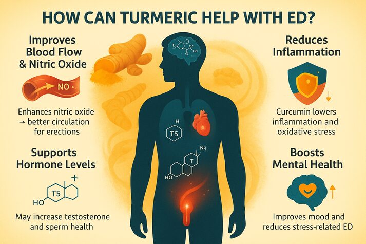 Turmeric and Erectile Dysfunction: Uses and Benefits of Curcumin on Sexual Health 2 Infographic explaining how turmeric may help erectile dysfunction by improving blood flow and nitric oxide, reducing inflammation, supporting testosterone, and boosting mental health.