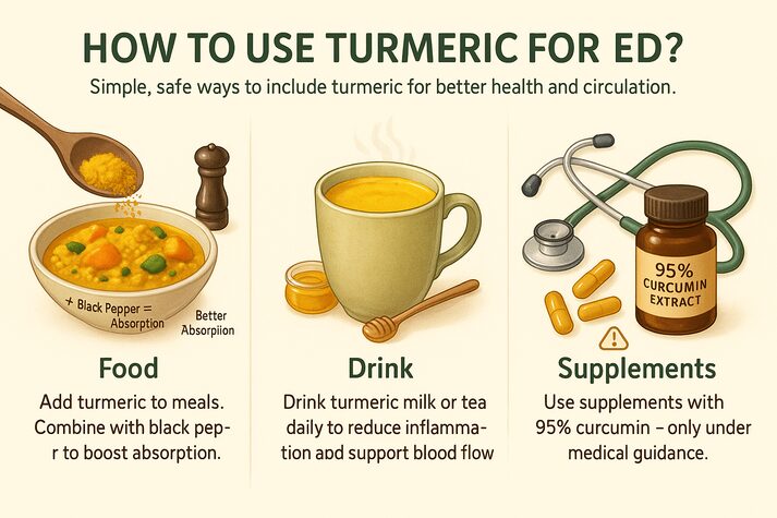 Turmeric and Erectile Dysfunction: Uses and Benefits of Curcumin on Sexual Health 4 Infographic showing three safe ways to use turmeric for erectile dysfunction — adding it to food, drinking turmeric milk or tea, and using supplements with 95% curcumin under medical guidance.